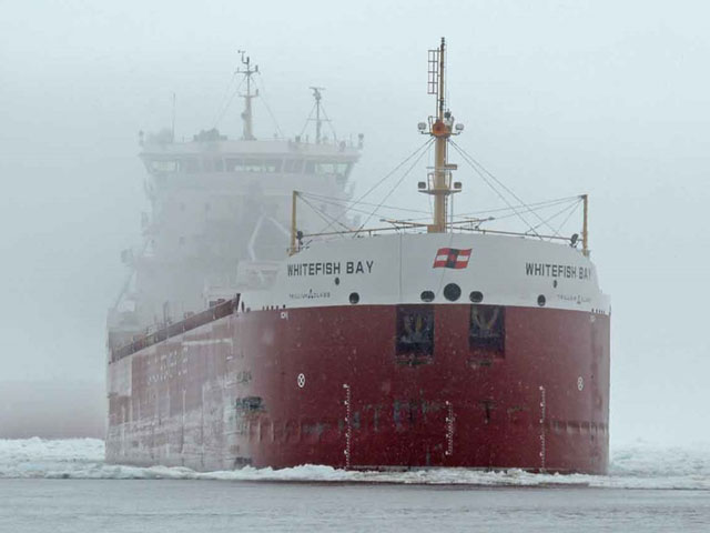 The Whitefish Bay, fourth of a seven-ship convoy arriving early morning in Duluth on April 30. (Photo courtesy of Ken Newhams, Duluth Shipping News)