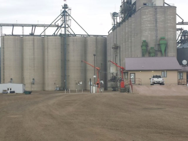 The driveway at Oahe Grain, in Onida, S.D., is empty with no railcars to load out full bins. (Photo by Tim Luken)