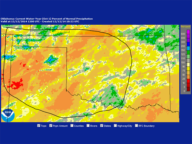 Water year precipitation (from October 1) is mostly running from 50 to 75 percent below normal in the main wheat-growing areas of Oklahoma, northern Texas and the Texas Panhandle. (National Weather Service graphic by Nick Scalise) 