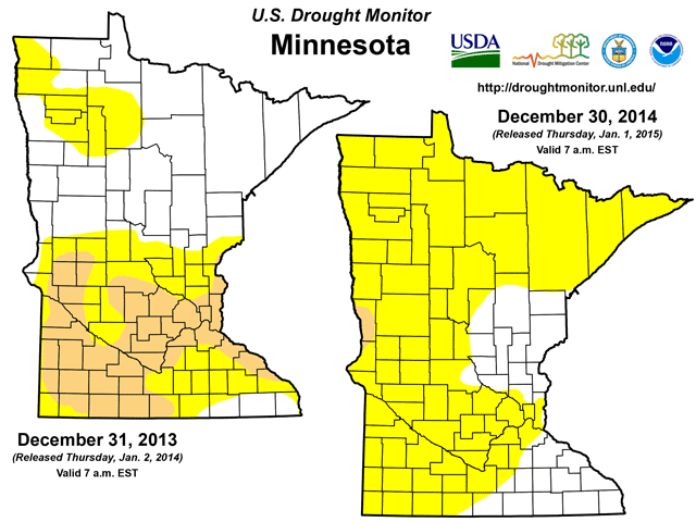 "December Drought Monitor comparisons in Minnesota show that drought in the highest-production counties in the south was actually more intense going into 2014 than we see now approaching 2015." (Maps courtesy NOAA; graphic compiled by Nick Scalise)