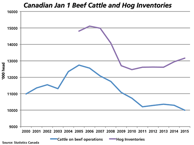 Statistics Canada estimates indicate that hog numbers in Canada have increased for the second consecutive year to 13.165 million head as of January 1, while cattle numbers on beef farms fell to 9.9945 million head, also the second consecutive drop. Total cattle numbers were the lowest since 1993. (DTN graphic by Nick Scalise)