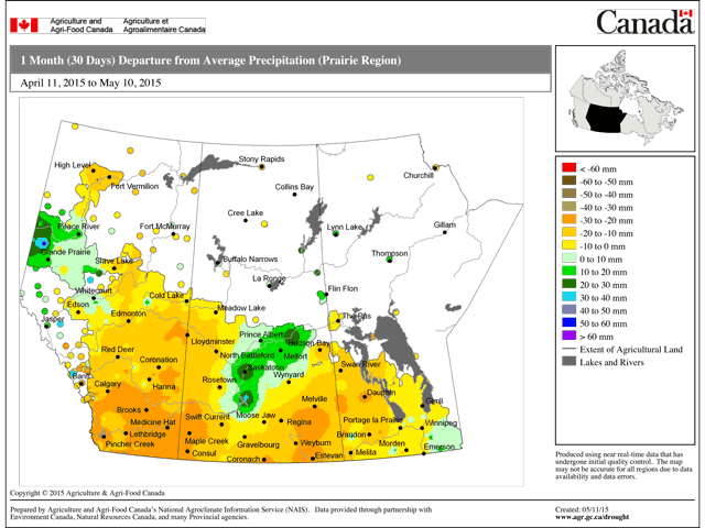 The departure from normal (in millimeters) across the Prairies during the past 30 days shows soil moisture conditions are mostly good. (Graphic courtesy of Agriculture and Agri-Food Canada)