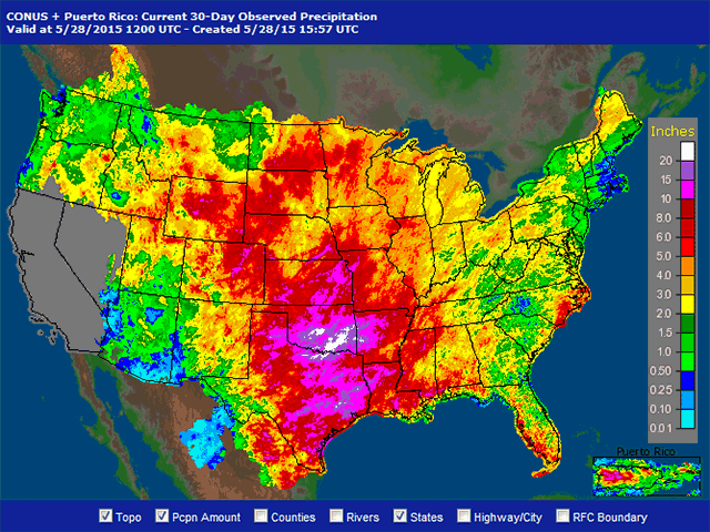 Record-setting Texas rain and moderate to heavy rain in the Delta are putting some cotton acres in jeopardy for 2015. (NOAA graphic by Nick Scalise)