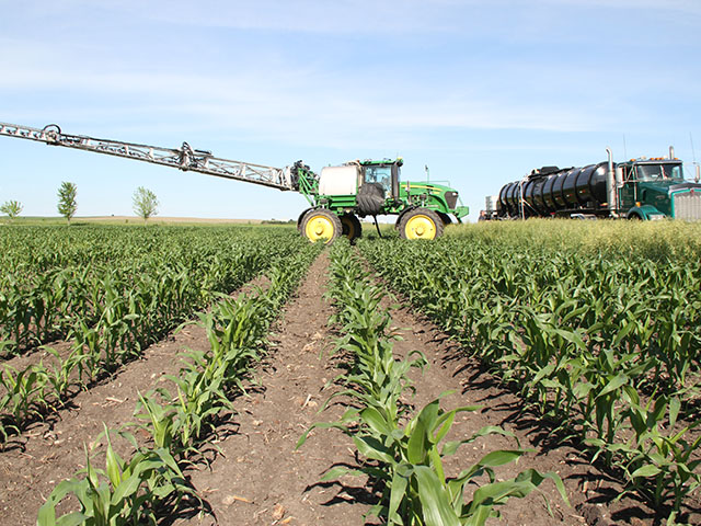 The pressure is on to get post sprays done before weeds get the edge. Increasing efficiencies in the field are one way to try to battle back against the weather. (DTN photo by Pamela Smith) 