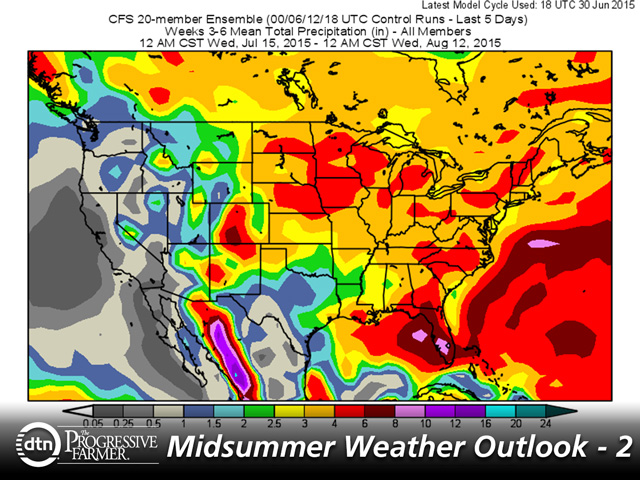 Continued moderate to heavy rain is forecast for July across the Midwest. This favors crops in western areas, but will keep wet conditions in place over already-saturated eastern and southern portions. (Map courtesy NOAA)
