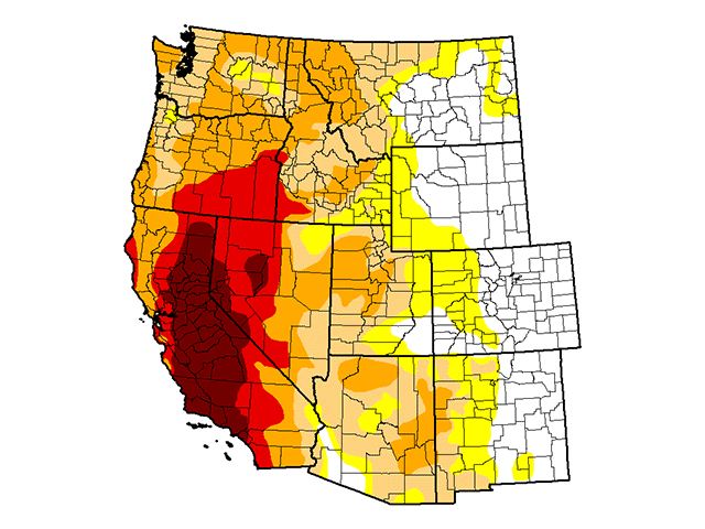 The north and western United States are becoming increasingly dry, with the states of Montana, Idaho and Washington showing a large area ranging from D0 or Abnormally Dry (yellow) to a growing D2 Severe Drought (Gold) as of June 30.