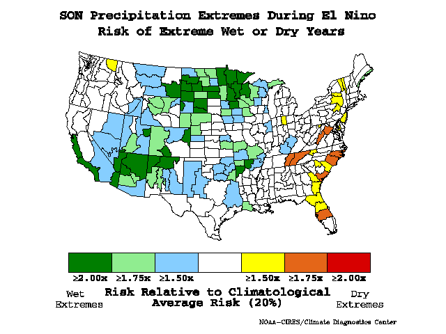 Above-normal precipitation during El Nino years may bring a wet harvest season to the Western Corn Belt. (NOAA graphic)  