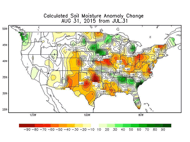 August brought some big soil moisture increases to the northwestern Corn Belt and the Southeast, but some major declines elsewhere. (NOAA Graphic)