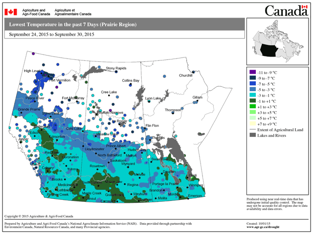 Lowest temperatures last seven days. (Map courtesy Ag Canada)