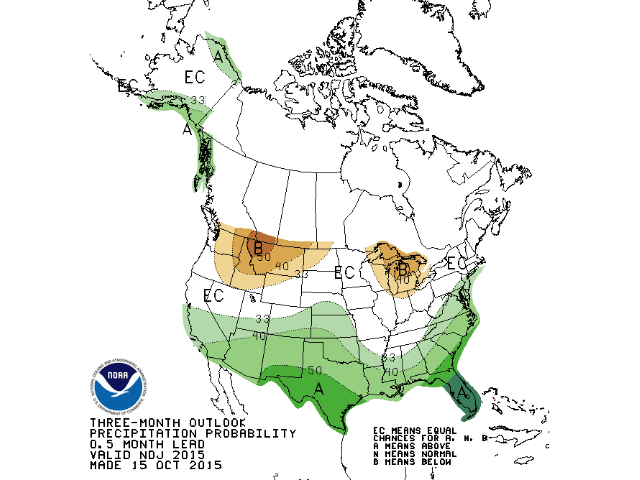The November-December-January time frame has a good chance of above-normal precipitation across the entire southern U.S. -- including the Southern Plains. (NOAA graphic)  