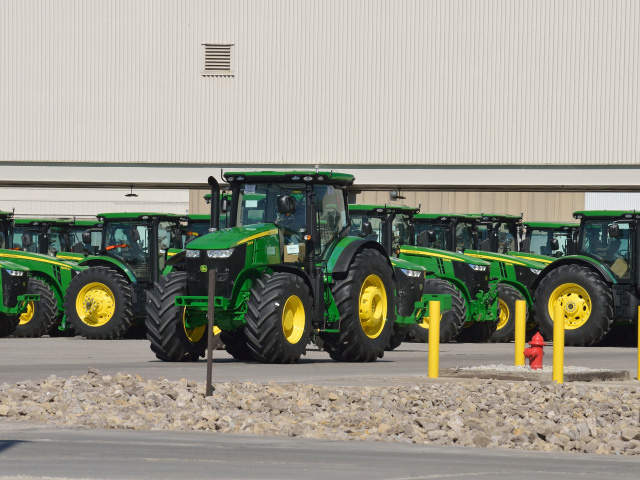 Tractors from John Deere&#039;s Waterloo plant are less likely to go overseas now as the export market for U.S. farm equipment slumps. (DTN/The Progressive Farmer photo by Jim Patrico)