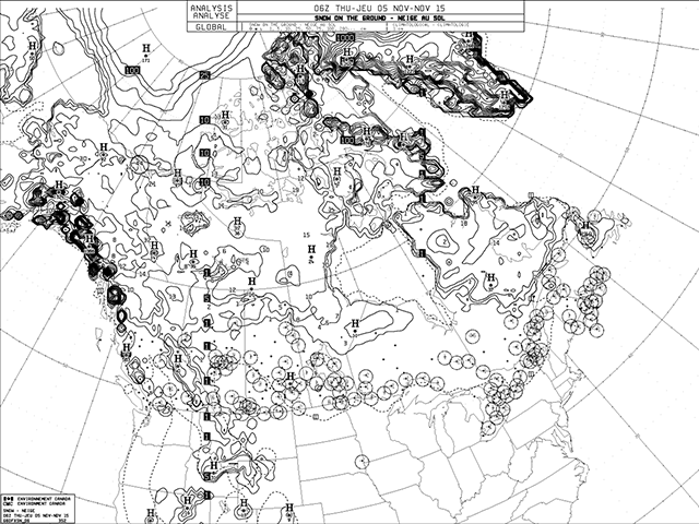 The accompanying snow chart shows last night&#039;s snow cover across Canada; the dotted line is where snow cover usually is as an average by this date. One can see that only a thin cover exists across the northern Prairies, while we typically see snow cover all the way southward to near the U.S. border across Saskatchewan and Manitoba by this time. (Chart courtesy of Environment Canada)