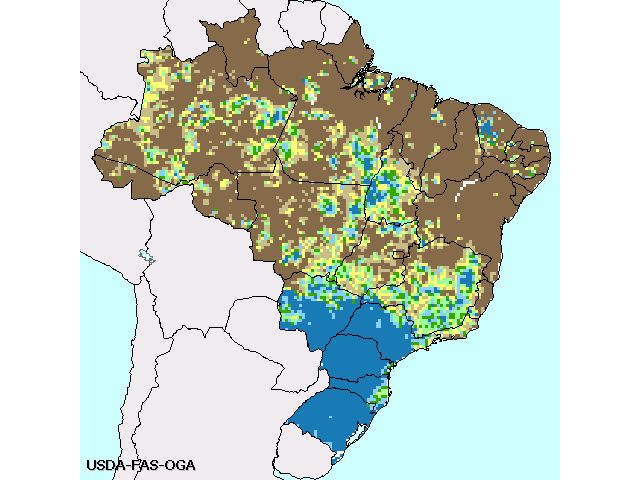 Only southern Brazil (in blue) has had above-normal rainfall during November. Top soybean-growing state, Mato Grosso, has had mostly less than half its normal rainfall.(USDA graphic by Nick Scalise)