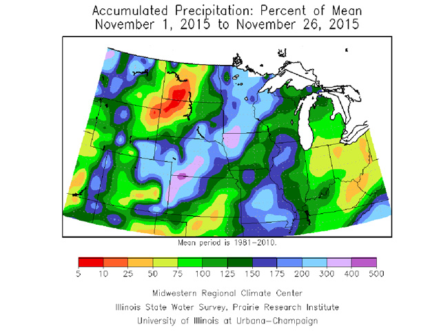 A large majority of the central U.S. crop belt has taken in above to much above normal precipitation during November. (Midwest Climate Center graphic by Scott Kemper)