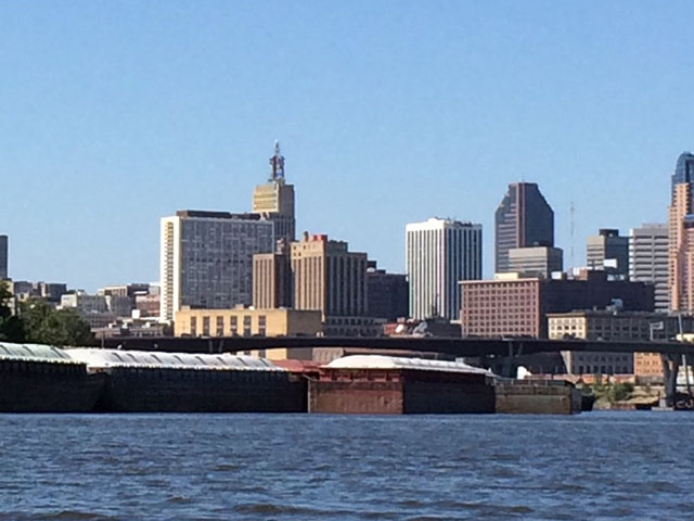 Empty barges wait west of downtown St. Paul, Minnesota, on the Mississippi River. (DTN photo by Mary Kennedy)