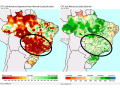 The soil moisture in central Brazil is labeled as "adequate" for most of central Brazil (right) but is way below normal (left) and will not be enough for the country&#039;s safrinha corn crop. (DTN graphic)