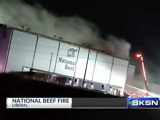 The National Beef processing plant in Liberal, Kansas, was closed Thursday after a minor fire in the loading dock area. (Screenshot from KSN-TV YouTube video)
