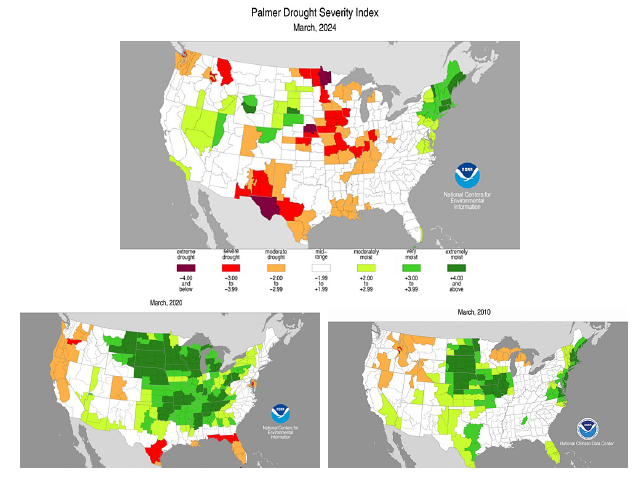 The Palmer Drought Severity Index map for the month of March shows much drier conditions across the central U.S. in March 2024 compared with the month of March in the top two DTN analog years 2010 and 2020. (NOAA graphics)