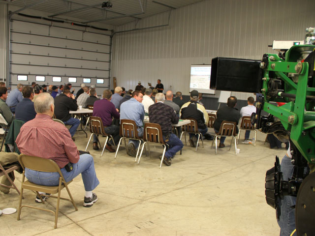 There weren't enough seats in the machine shop when Mike Starkey invited growers to discuss no-till and cover crops last week. (DTN photo by Pamela Smith)