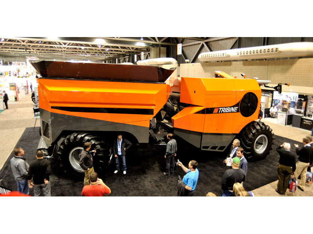 The one-of-a-kind Tribine wowed the crowds at AGCONNECT in Kansas City this week. The prototype is part combine, part grain cart. (DTN photo by Jim Patrico)