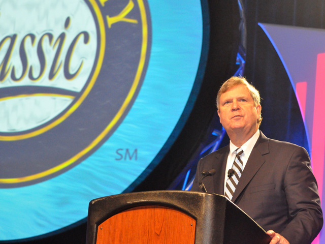 Agriculture Secretary Tom Vilsack talks about implementing the farm bill at the general session for Commodity Classic Friday in San Antonio. (DTN photo by Chris Clayton)