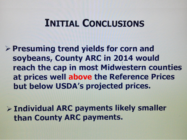 Jonathan Coppess, a University of Illinois economist, said in a webinar on Wednesday that the initial conclusions show the new farm program ARC is more likely to pay for corn and soybean farmers than its counterpart, PLC. Coppess is a former Farm Service Agency administrator and a congressional staffer who worked on farm programs. (Graphic courtesy of the University of Illinois)