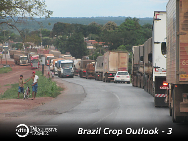 Trucks line up along Brazil&#039;s notorious BR163 highway. The strain on logistics may be reduced this soybean season. (Photo courtesy of Aprosoja)