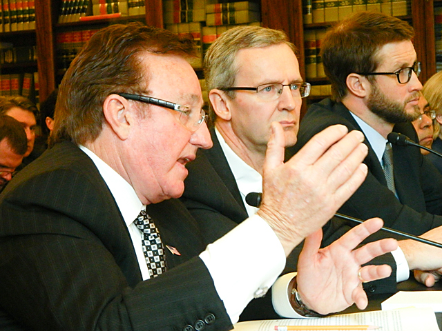 From left to right, NASCAR team owner Richard Childress, DuPont Executive Jan Koninckx and Brooke Coleman of the Advanced Ethanol Council testify Tuesday before the Senate Agriculture Committee on advanced biofuels. (DTN photo by Chris Clayton) 