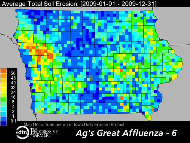 A map from the Iowa Daily Erosion Project shows the average total soil erosion through 2009 in Iowa and highlights how some areas reached as much as 56 tons per acre. (Map from Iowa Daily Erosion Project, Iowa State University; DTN graphic by Nick Scalise)