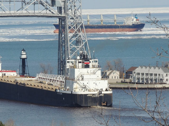 Saltie Apollon at anchor just beyond the lift bridge surrounded by the ice that refuses to melt. (Photo by Kenneth Newhams, Duluth Shipping News)