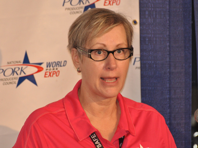 Liz Wagstrom, chief veterinarian of the National Pork Producers Council, speaks to reporters about PED at a press conference Wednesday at the World Pork Expo. (DTN photo by Chris Clayton)
