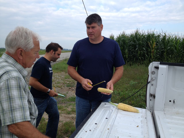 Paul Sheriff, Bill Bayliss and Jean Phillippe Boucher scout west-central Ohio crops. (DTN photo by Katie Micik)