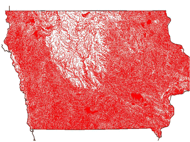 This map generated by the National Pork Producers Council shows all the waters in the state of Iowa that could be subject to the new Clean Water Act rule. Agriculture interest groups and a House committee are set to make maps publicly available. (Photo courtesy of Michael Formica, NPPC)