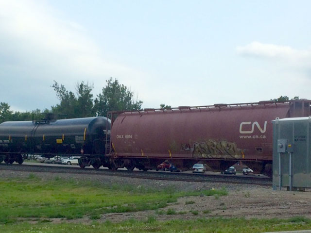 CN grain car buffering the end of a 100-car oil train in northern Minnesota. (DTN photo by Mary Kennedy)