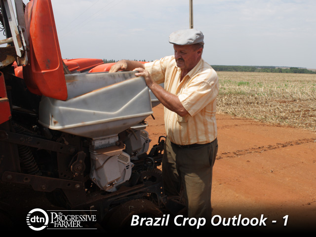 Silvio Wegener inspects soybean seeds about to be planted. Brazilian farmers will plant more soy this year, despite low prices. (DTN photo by Alastair Stewart)