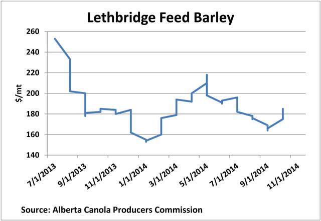 Despite ample feed supplies on the Prairies, feed barley continues to rally, with reports indicating a $185/mt cash bid in southern Alberta today, up $21/mt from the $164/mt weekly low reported for the week of Sept. 15. (DTN graphic by Scott R Kemper)