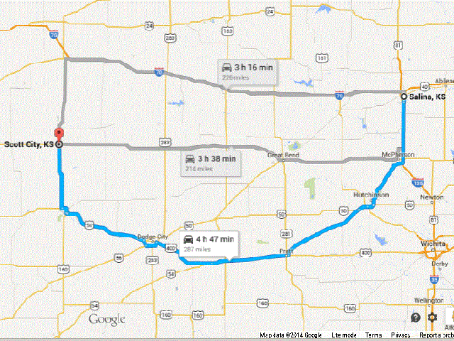 What&#039;s the most efficient route between Salina, Kan., and Scott City, Kan.? (Map courtesy Google Maps)