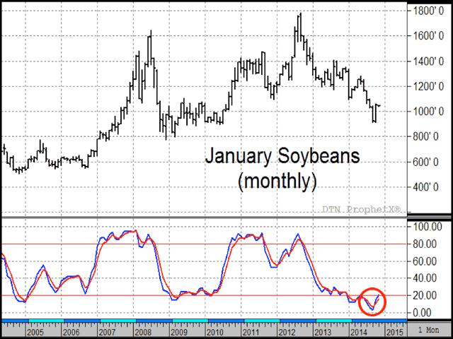 The monthly chart of January soybeans above shows a bullish crossover in the stochastics indicator after prices reversed higher in October. The bullish change of price momentum at a fundamentally cheap price is a combination that is historically associated with long-term lows. (DTN chart)