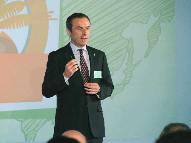 Agriculture leaders from around the globe gathered last week to discuss topics challenging agriculture. Liam Condon, Bayer CropScience CEO, urged growers to tell their story to the public. (DTN photo by Pamela Smith)