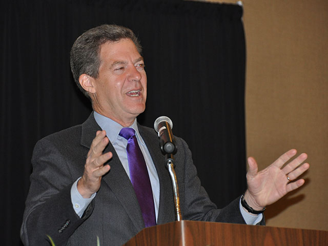 Kansas Governor Sam Brownback and other state officials gathered in Manhattan, Kan., to address water conservation issues facing the state, such as the depleted Ogallala Aquifer. (DTN photo by Emily Unglesbee)