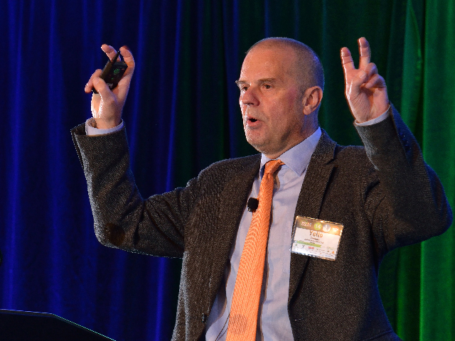 Yelto Zimmer, a senior economist from the Thunen-Institute of Farm Economics in Germany, compared the relative cost of production for corn in the U.S., Argentina, Brazil and Ukraine at the DTN Ag Summit, highlighting each of the major exporters&#039; strengths and weaknesses. (DTN/The Progressive Farmer photo by Jim Patrico)