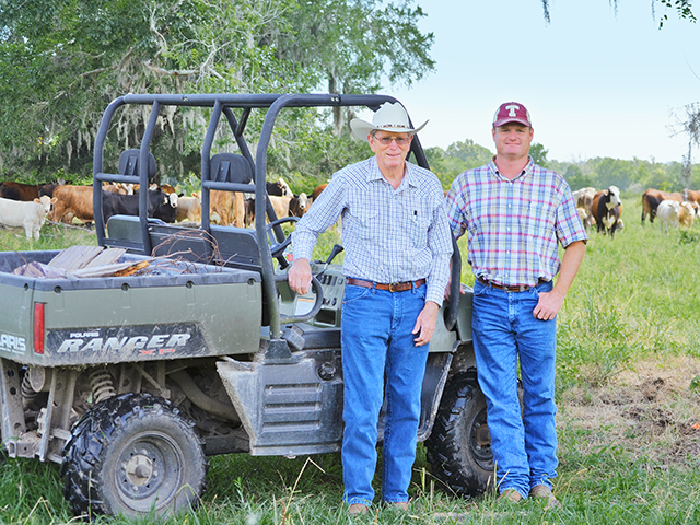 Loy Moore (left) and son, Mark, changed their culling philosophy after participating in Texas A&amp;M&#039;s Beef Partnership in Extension Program. (DTN/Progressive Farmer photo by Victoria G. Myers)