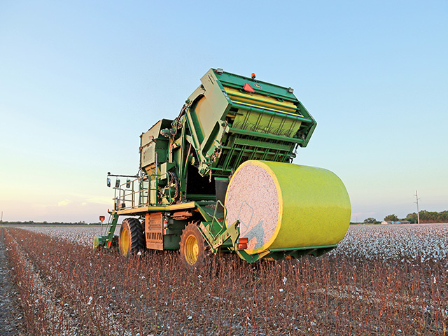 The CS690 makes plastic-wrapped modules on the go. (Progressive Farmer photo by Karl Wolfshohl)