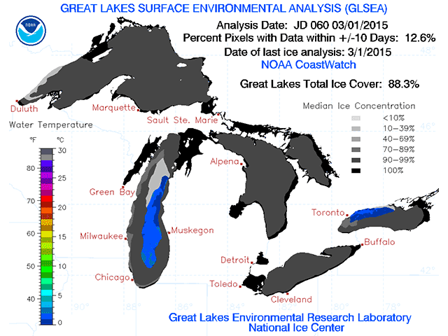 Great Lakes ice coverage as of March 1, 2015. (Graphic courtesy of NOAA)