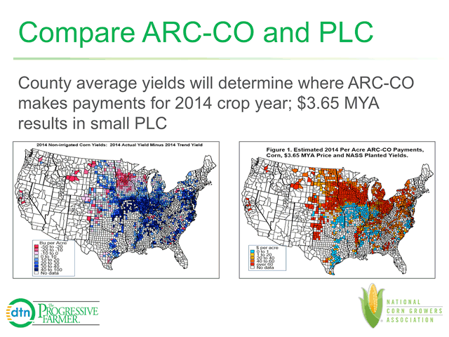 The bulk of corn counties in Nebraska, Iowa, Minnesota, Wisconsin, northern Illinois and Ohio stand to trigger sizable ARC-County payments in 2014. High yields in other counties will likely negate or shave ARC payments. (DTN graphic) 