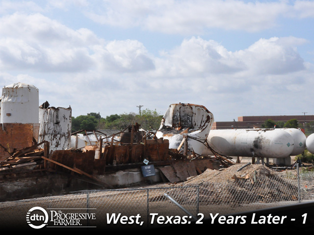 Evidence of the April 17, 2013, explosion in West, Texas, was still apparent three months later when this picture was taken. While the community has cleaned up and rebuilt in the past two years, work continues to be done at the state level to avoid such disasters happening again. (DTN photo by Todd Neeley)