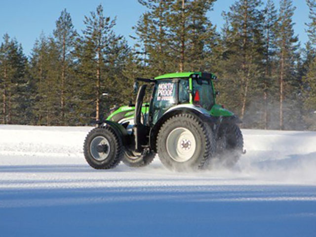 On a snowy track in Finland, a Valtra tractor raced to a new world record speed of 80 mph. (Photo courtesy of Nokian Tyres)