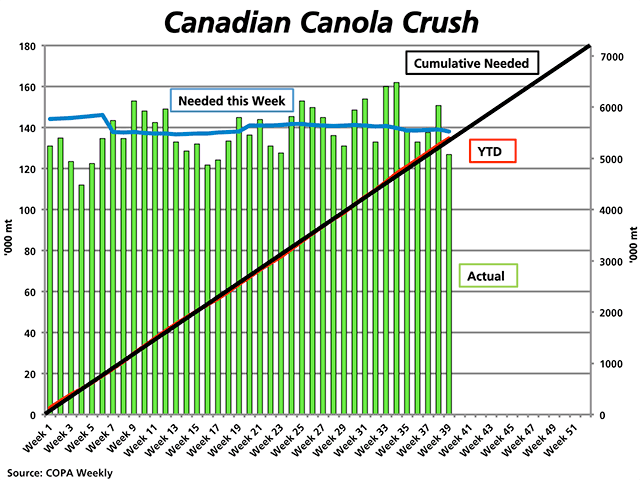 The most recent Canadian canola crush data shows weekly crush down 15.9% from the previous week at 126,917 metric tons. This is indicated by the green bars, with the blue line representing the weekly volume needed to reach the targeted crush, measured against the primary vertical axis. Cumulative data, as measured against the right vertical axis, shows the red line, the actual crush volume, closely tracking the black line, or the cumulative pace to reach target. (DTN graphic by Nick Scalise)