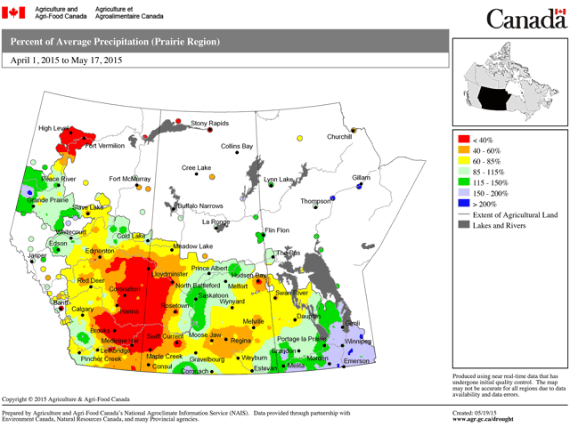 The percentage of average precipitation from April 1 to May 17 shows extensive dryness in Alberta as well as Saskatchewan. (Graphic courtesy of Agriculture and Agri-Food Canada)