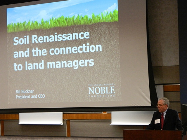 Bill Buckner, president and CEO of the Noble Foundation in Ardmore, Oklahoma, spoke Thursday to farmers and other land managers about the importance of promoting soil health through voluntary conservation measures. Buckner believes more producers would utilize soil-health practices once the economic benefits are proven to them. Buckner is concerned, however, that efforts to improve agricultural soils could turn into government mandates. (DTN photo by Chris Clayton)